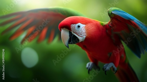 Scarlet macaw parrot flying with colorful wings