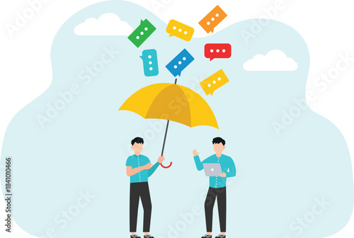 Help in changing thinking and attracting positive emotions, psychological support for finding sources of motivation and inspiration, large hand with an umbrella protects a man from negative emotions.
