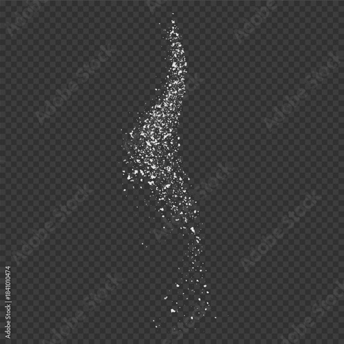 Realistic falling particles of white powder, flour, salt, powder, or sugar.