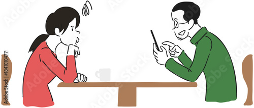 Vector Illustration of Smartphone-Obsessed Husband and Frustrated Wife