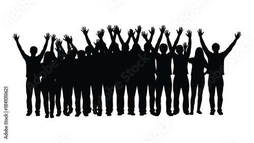 A group of people celebrating with arms raised in the air silhouette