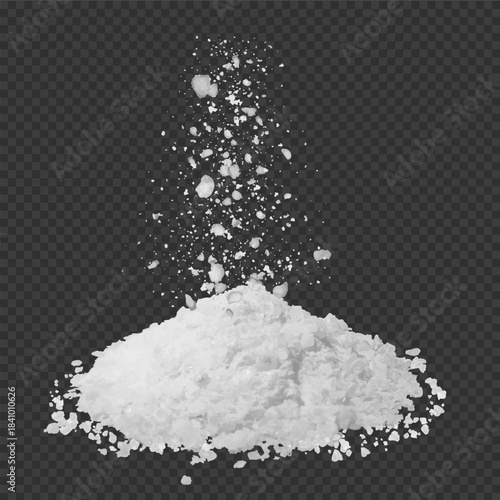 Realistic salt or sugar crystals pouring from above, powder pile, 3d vector white natural mineral grains falling effect