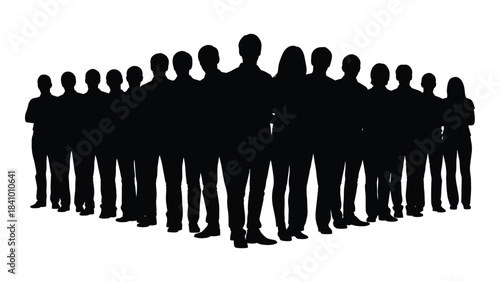 A large group of people standing together captured as a striking silhouette