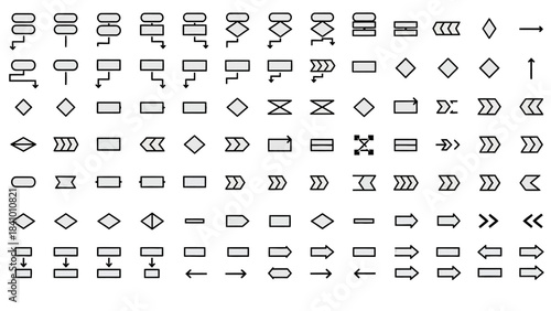 Diverse collection of black outlined light gray flowchart symbols and arrows for process diagrams.