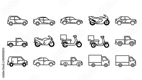Diverse Outline Vehicle Icons Collection: Cars, Motorcycles, Scooters, and Trucks in Simple Line Art Style