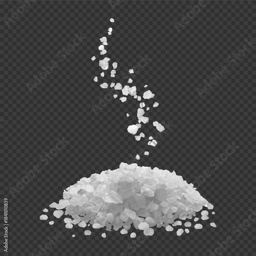 A pile of white salt and crystals with falling particles, edible or sea salt, side view.