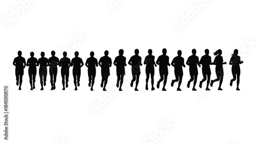 A line of people running in sequential motion black silhouette