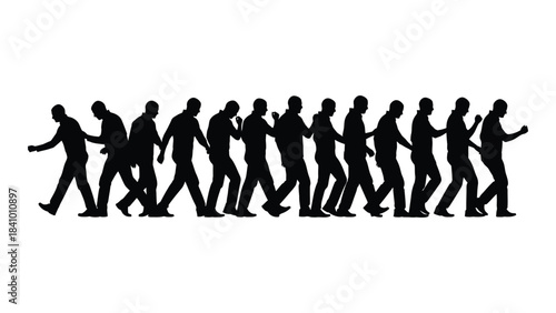 A sequence of walking human figures presented as a black silhouette