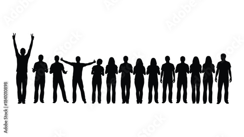 A line of people with arms raised in a celebratory silhouette
