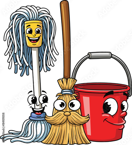 Funny Cartoon Cleaning Supplies Vector Set with Happy Mop, Broom, and Red Bucket Characters for Household or Janitorial Design