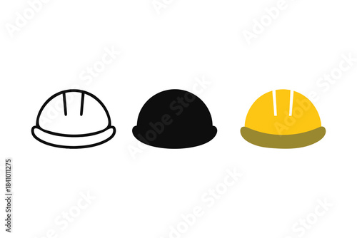 Essential construction worker safety hard hat icons presented in three versatile design styles