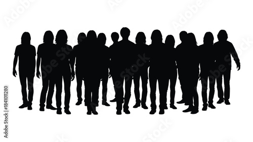 A group of people standing together in a dark striking silhouette