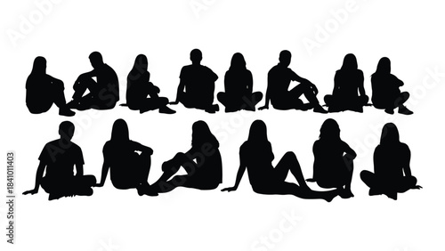 Group of people in various seated and standing poses black silhouette