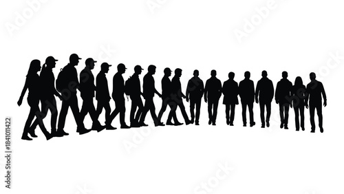 A line of people walking in a row depicted as a dark silhouette