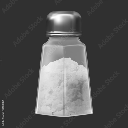 Realistic glass jar with a metal lid and white salt inside, salt shaker.