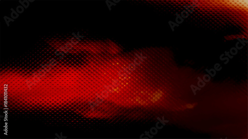 Abstract red background design featuring a dark texture of glowing hearts and dots in a digital halftone pattern with fire light and black circular shapes for a modern technology wallpaper backdrop