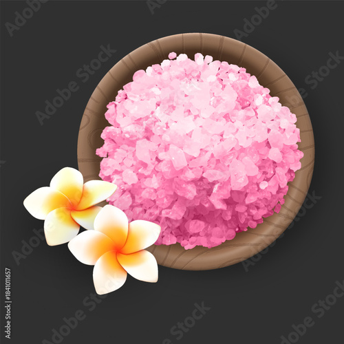 Large crystals of pink Himalayan salt in a wooden bowl with plumeria flowers on a dark background.