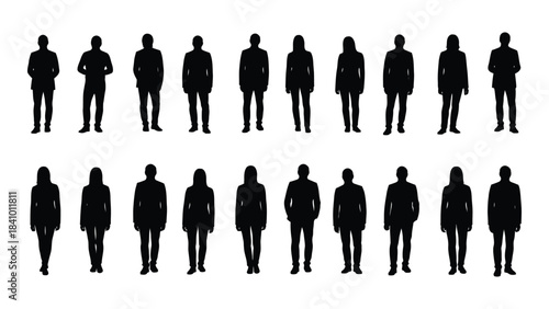 A row of black silhouettes depicting people in business attire silhouette