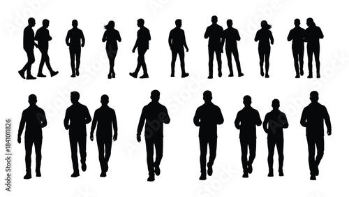 Diverse group of people walking and interacting shown in black silhouette