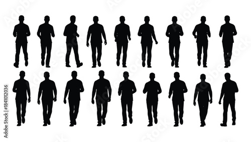 Diverse group of people in various poses a striking black silhouette