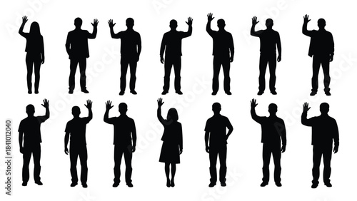 Group of people raising hands in various poses a dark silhouette