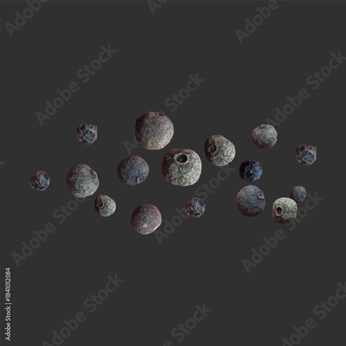 Realistic dried black peppercorns, falling, of varying sizes.