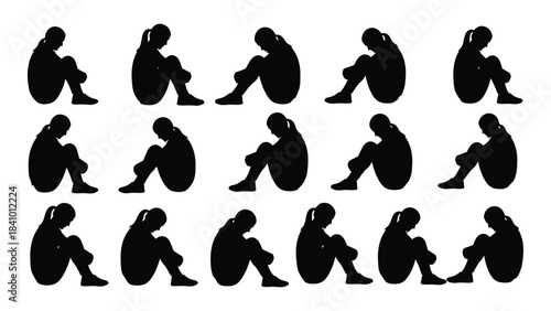 Diverse poses of people sitting kneeling and resting in black silhouette