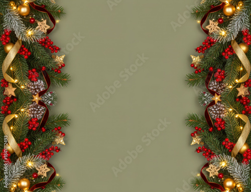 Simple traditional minimalist Christmas Holiday background with ad or copy space plus decorative  pine garland with little gold stars lights and ribbon on both sides and blank middle for text