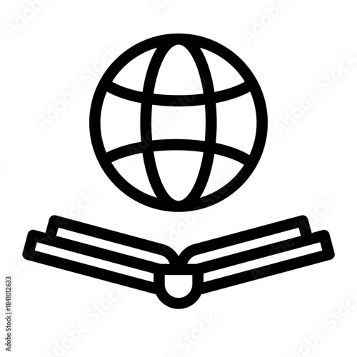 Line style icon of a globe resting on an open book, symbolizing global learning and worldwide education concepts.