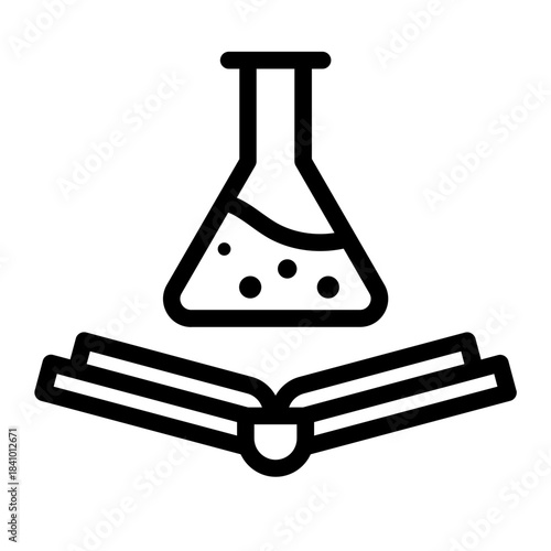 Line style icon of a laboratory flask above an open book, representing science education and experimentation.