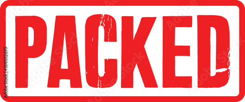 Distressed red 'PACKED' word stamp graphic, ideal as transparent image overlay element