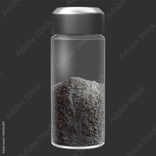 Hawaiian black volcanic salt in salt shaker, realistic natural mineral powder in glass bottle, 3d vector seasoning
