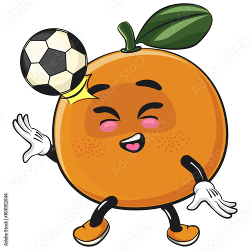 cute orange mascot character heading a soccer or football, happy mandarin fruit cartoon vector illustration, work of hand drawn