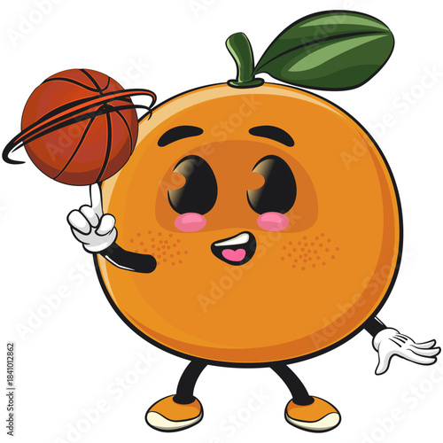 cute orange mascot character spin the basketball with the index finger, happy mandarin fruit cartoon vector illustration, work of hand drawn