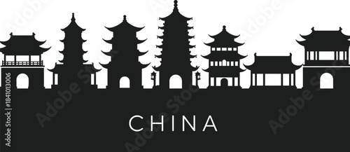 Traditional Chinese Pagoda Skyline Vector Illustration, Silhouette of Ancient Temples and Tiered Roofs, Cultural Landmark Design, China Heritage Travel Tourism