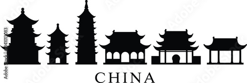 Traditional Chinese architecture silhouette, black vector illustration, cultural heritage buildings, ancient roof design, China landmark art, minimal style, white background