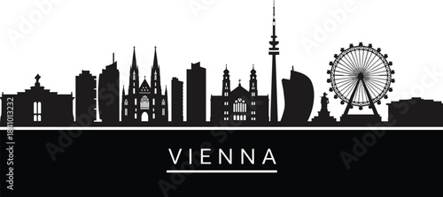 Vienna skyline silhouette vector, St. Stephen's Cathedral, Wiener Riesenrad, Donauturm, historic architecture, modern towers, Austrian cityscape, black and white minimalist landmark illustration