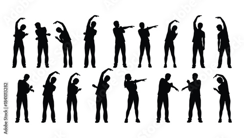 A series of figures performing stretching exercises in a black silhouette