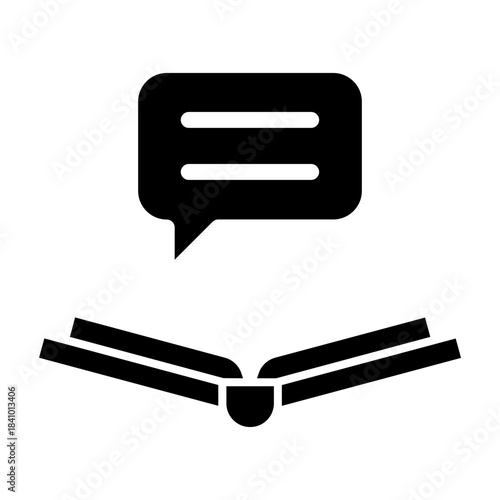 Glyph icon of speech bubble over open book, symbolizing language learning and communication skills.