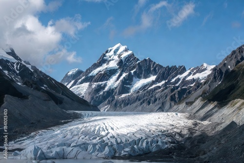 Majestic view of Mount Cook National Park in New Zealand with dramatic snow-covered peaks and a sprawling glacial valley under a clear blue sky