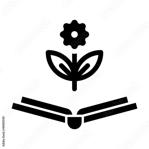 Glyph icon of blooming plant over open book, symbolizing growth and personal development through education.