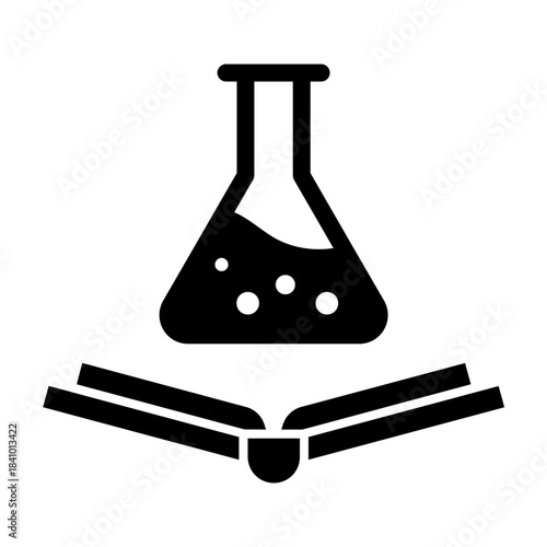 Glyph icon of chemistry flask over open book, symbolizing science learning and laboratory education.