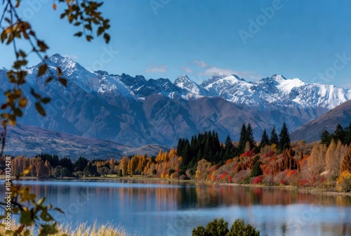 Breathtaking landscape of Queenstown, New Zealand, featuring a calm reflective lake surrounded by vibrant autumn foliage, with the dramatic snow-capped Remarkables mountain range towering in the backg