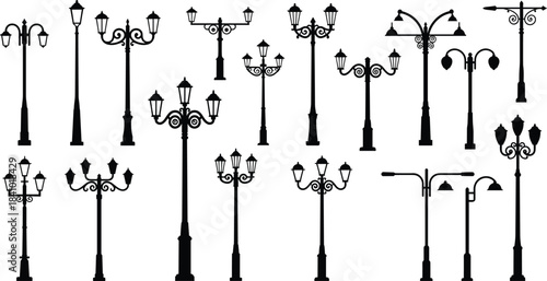 Vintage street lamp silhouettes, ornate lantern posts collection, classic urban lighting designs, decorative Victorian lamp vector set, architectural streetlight icons, ornamental pack