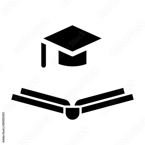 Glyph icon of graduation cap over open book, representing academic success and higher education.
