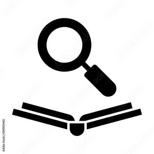 Glyph icon of magnifying glass over open book, representing research, discovery and investigation.