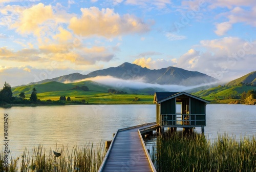 Sunlit lakeside view in Rotorua, New Zealand, with wooden pier, small boathouse, calm water, rolling green hills and misty mountains under a glowing sunrise sky