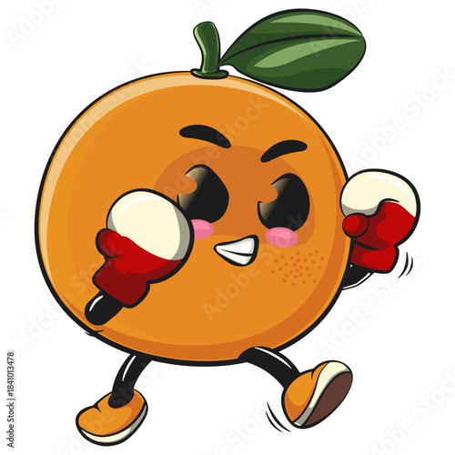 cute orange mascot character practicing boxing wearing boxing glove, happy mandarin fruit cartoon vector illustration, work of hand drawn