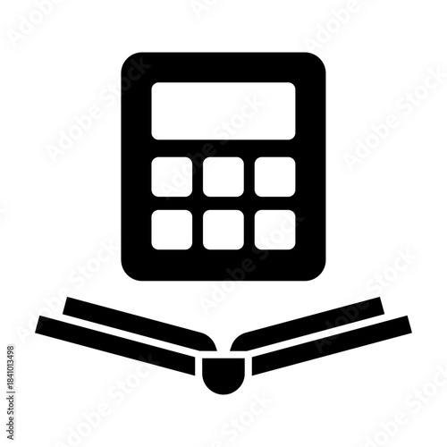 Glyph icon of calculator over open book, representing mathematics learning and numeracy skills.