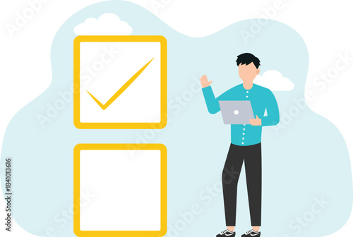 Choice concept. Online-questioning or voting, survey or testing. Successful completion of tasks, compliance with project deadlines, successful closing of transactions. Man sits on cell with check mark